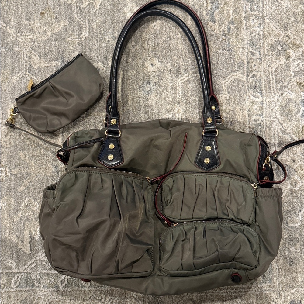Vintage MZ Wallace Olive Green Tote Bag with Black Handles and maroon interior